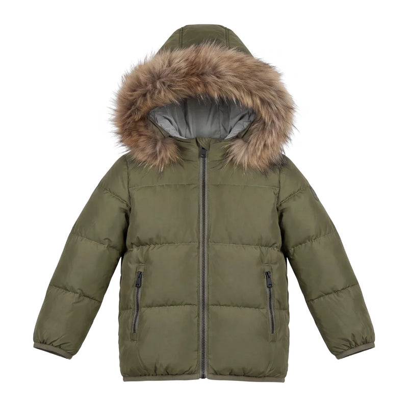A front view of the Pramie green contrast coat for boys.