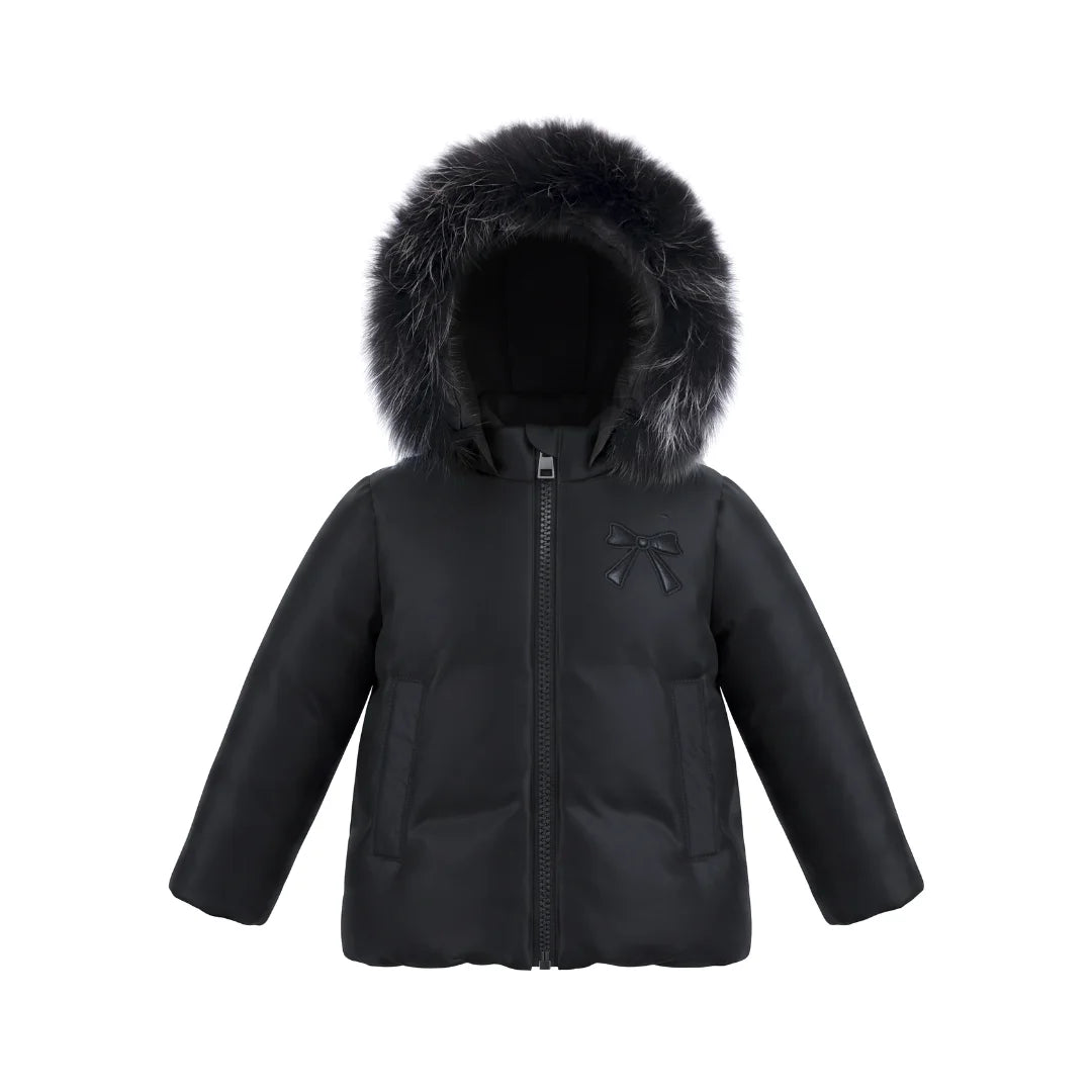 A front view of the Pramie black jacket with a bow for little girls.