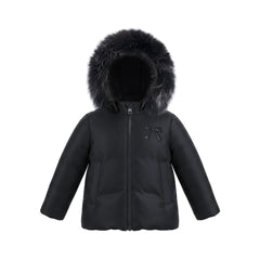 A front view of the Pramie black jacket with a bow for little girls.