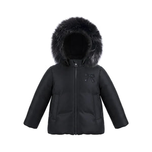 A front view of the Pramie black jacket with a bow for little girls.