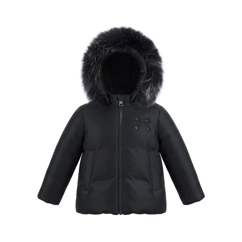 A front view of the Pramie black jacket with a bow for little girls.