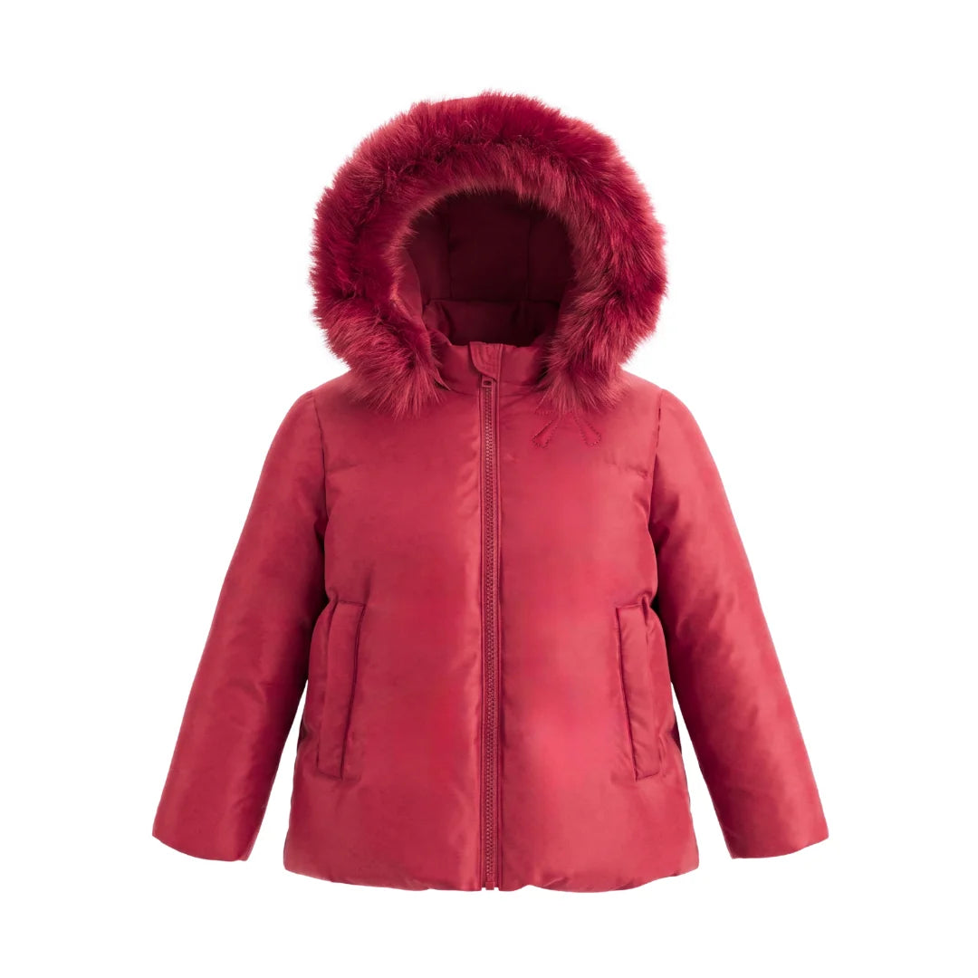 A front view of the Pramie red jacket with a bow for little girls.