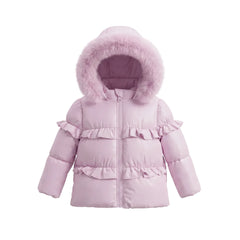 A front view of the Pramie lavender ruffle coat for little girls.