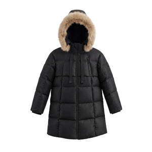 A front view of the Pramie black long coat for children.