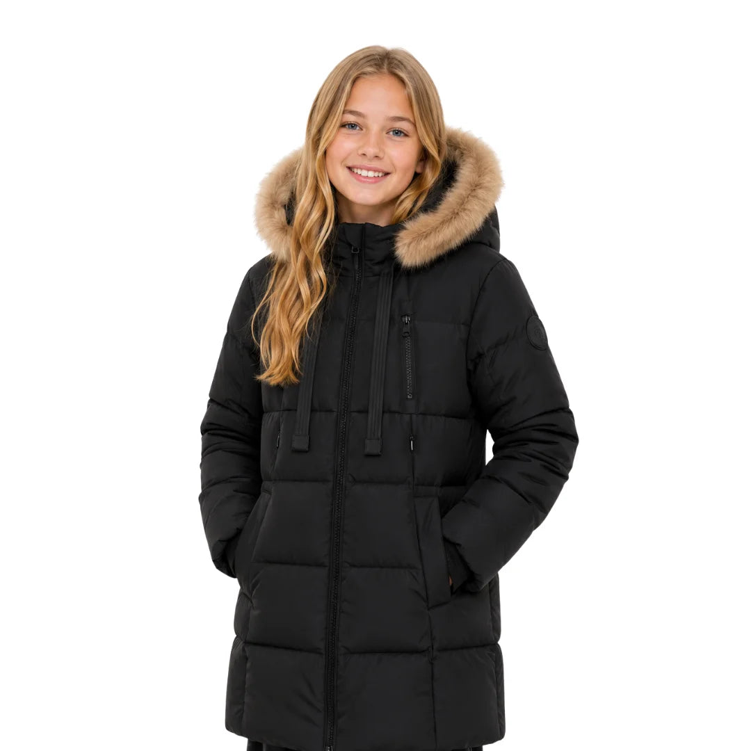 A youth styled in the Pramie black long coat during a winter evening outing.