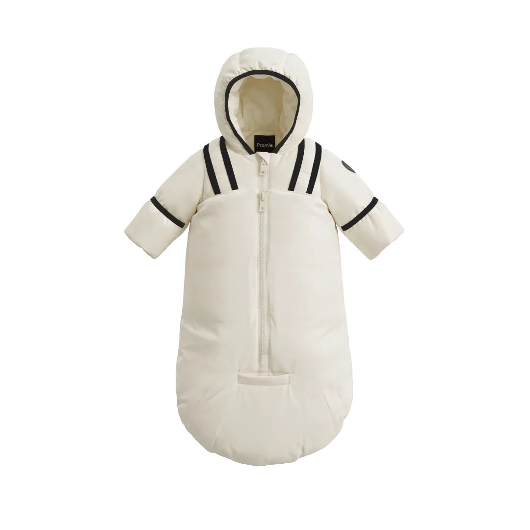 A front view of the Pramie black snow suit with binding for infants.