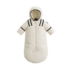 A front view of the Pramie black snow suit with binding for infants.