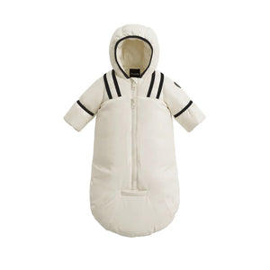A front view of the Pramie black snow suit with binding for infants.