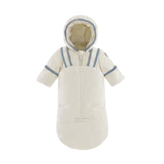 A front view of the Pramie blue snow suit with binding for infants.