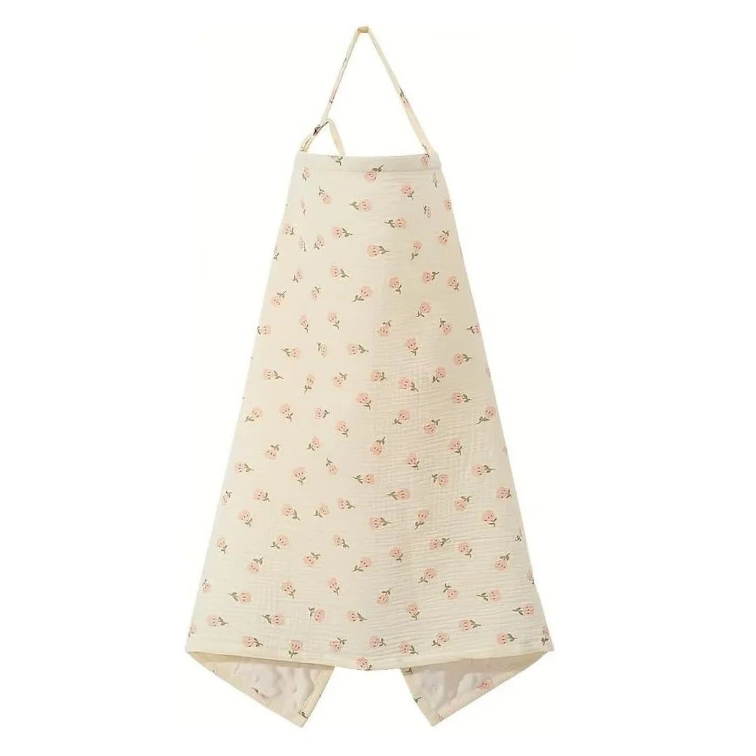 A front view of the printed muslin and fur-lined nursing floral print cover.