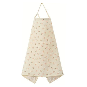 A front view of the printed muslin and fur-lined nursing floral print cover.