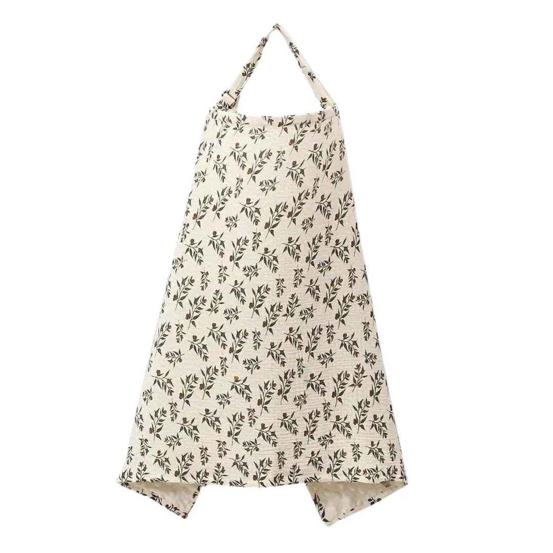 A front view of the printed muslin and fur-lined nursing leaf print cover.