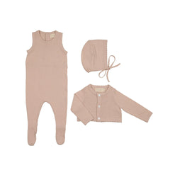 Peluche - Knit Jumpsuit + Cropped Cardigan +  Bonnet Set (Taupe, Rose, Stone)