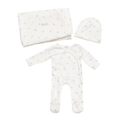 A front view of the Latte bird print footie and matching hat set.