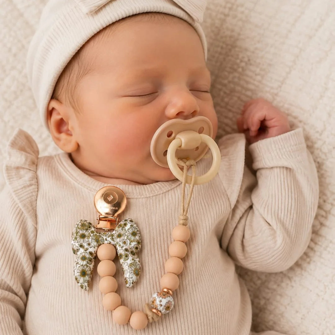 Crystal Dream – Floral Bow Pacifier Clip | Pink
