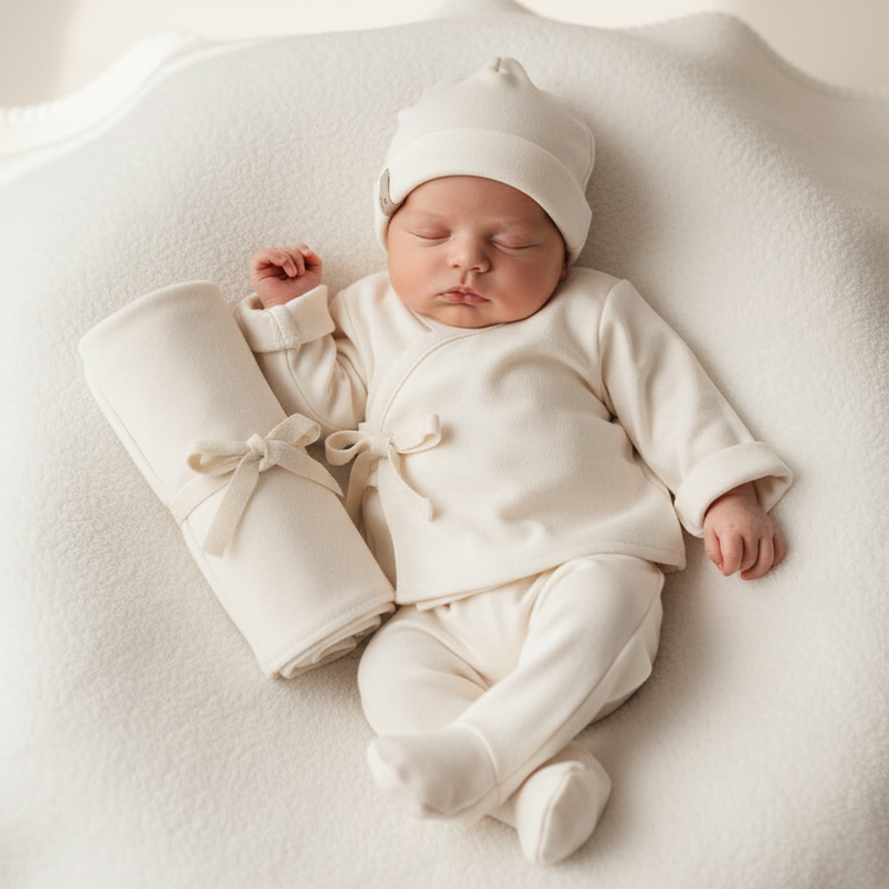 Newborn baby in a white outfit and hat lying on a white blanket