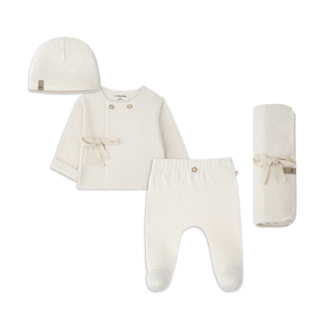 Baby clothing set with a jacket, hat, pants, and blanket on a white background