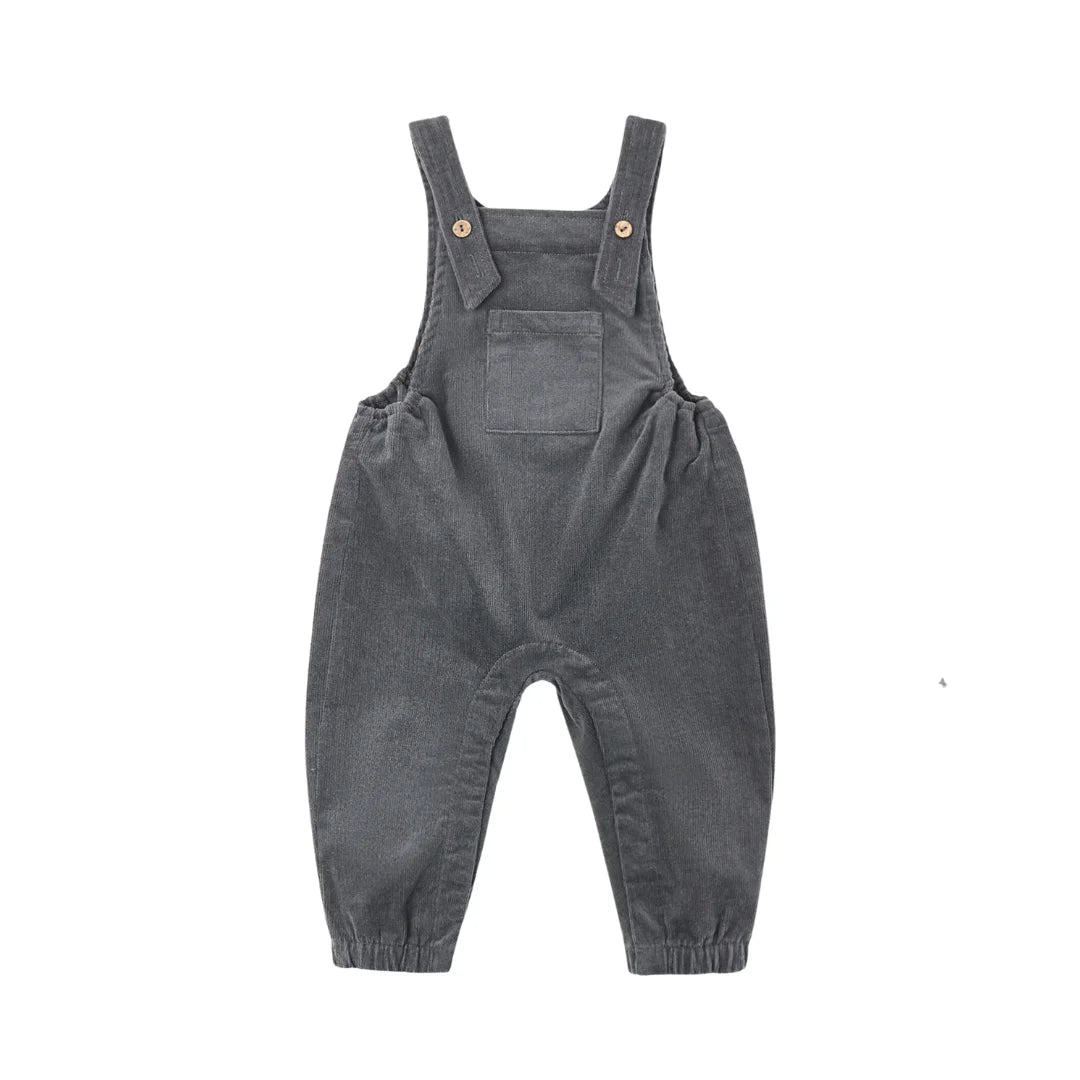 A front view of the Quincy Mae Midnight organic cotton baby overall.
