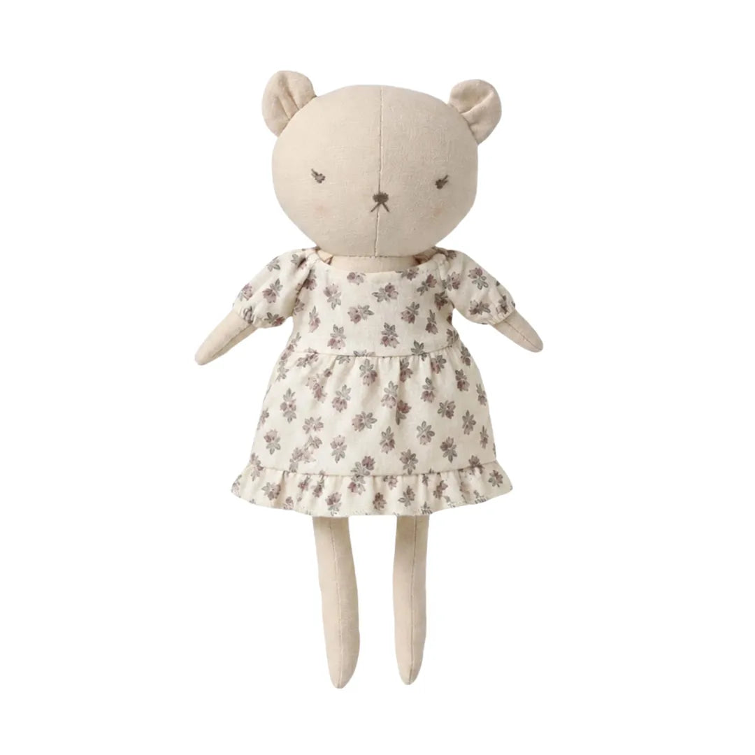 A flat-lay view of the Quincy Mae Bonnie the bear organic plush toy.