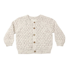 A front view of the Quincy Mae natural confetti bubble knit cardigan with wooden buttons.