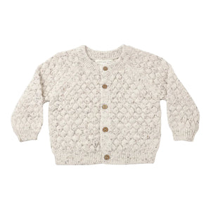 A front view of the Quincy Mae natural confetti bubble knit cardigan with wooden buttons.