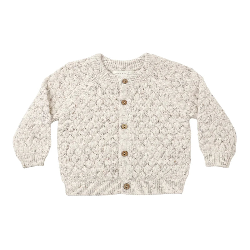 A front view of the Quincy Mae natural confetti bubble knit cardigan with wooden buttons.