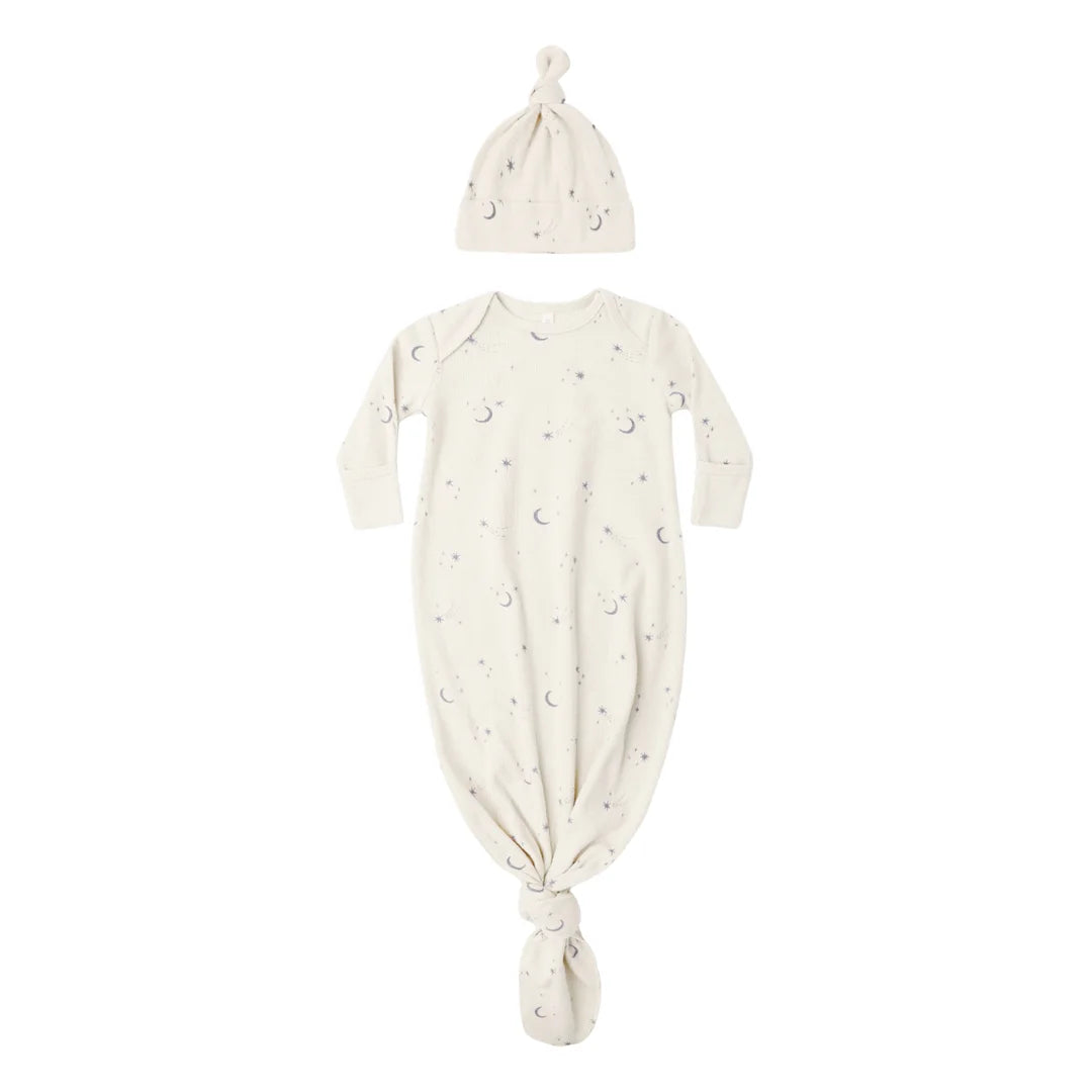 A front view of the Quincy Mae celestial print organic cotton baby knotted gown and hat.