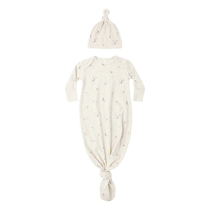 A front view of the Quincy Mae celestial print organic cotton baby knotted gown and hat.