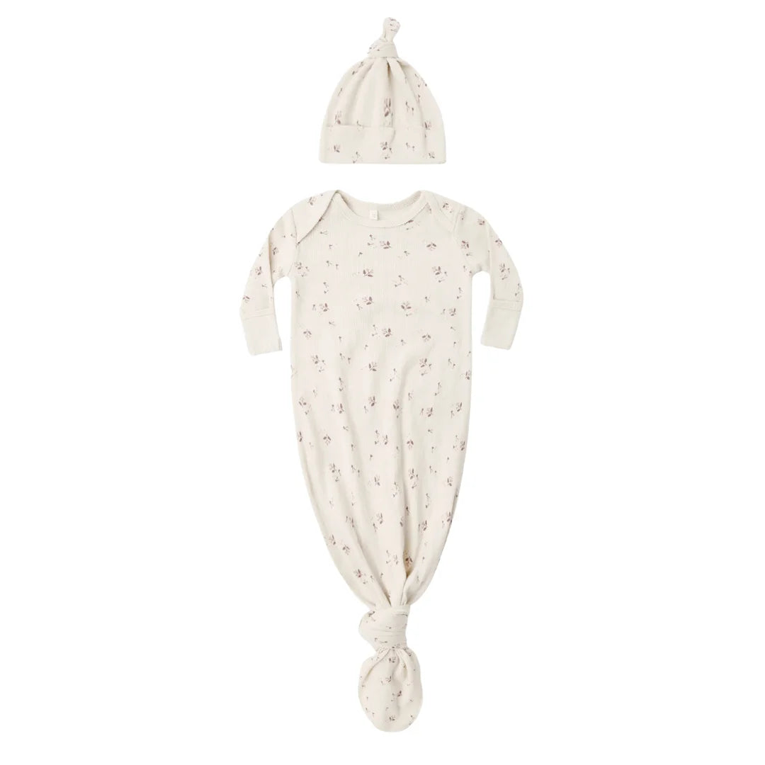 A front view of the Quincy Mae Fall Ditsy floral print organic cotton baby knotted gown and hat.