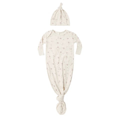 A front view of the Quincy Mae Fall Ditsy floral print organic cotton baby knotted gown and hat.