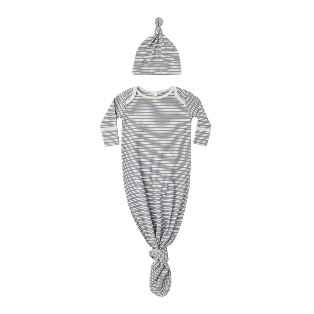 A front view of the Quincy Mae slate microstripe organic cotton baby knotted gown and hat.