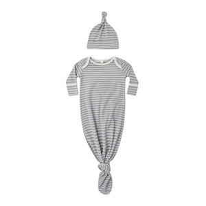 A front view of the Quincy Mae slate microstripe organic cotton baby knotted gown and hat.