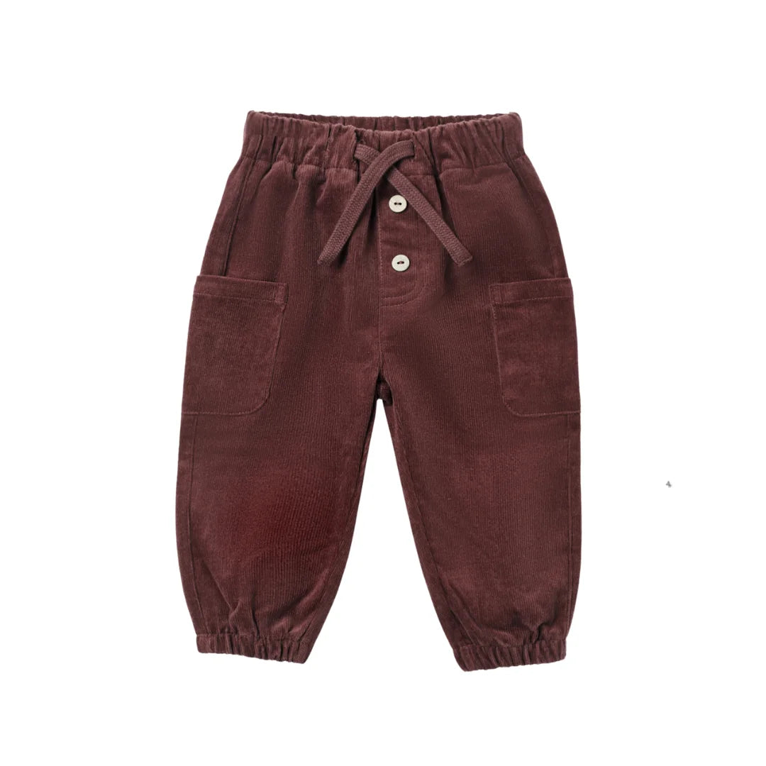 A front view of the Quincy Mae Black Cherry organic cotton Luca pant.
