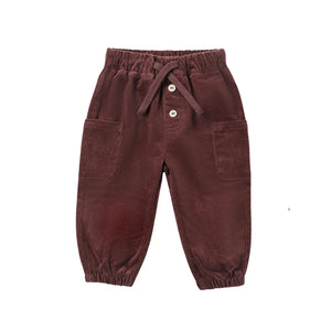 A front view of the Quincy Mae Black Cherry organic cotton Luca pant.