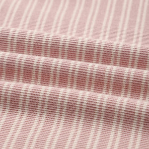 A high-resolution close-up of the soft organic cotton knit texture and delicate dusty rose stripe pattern.