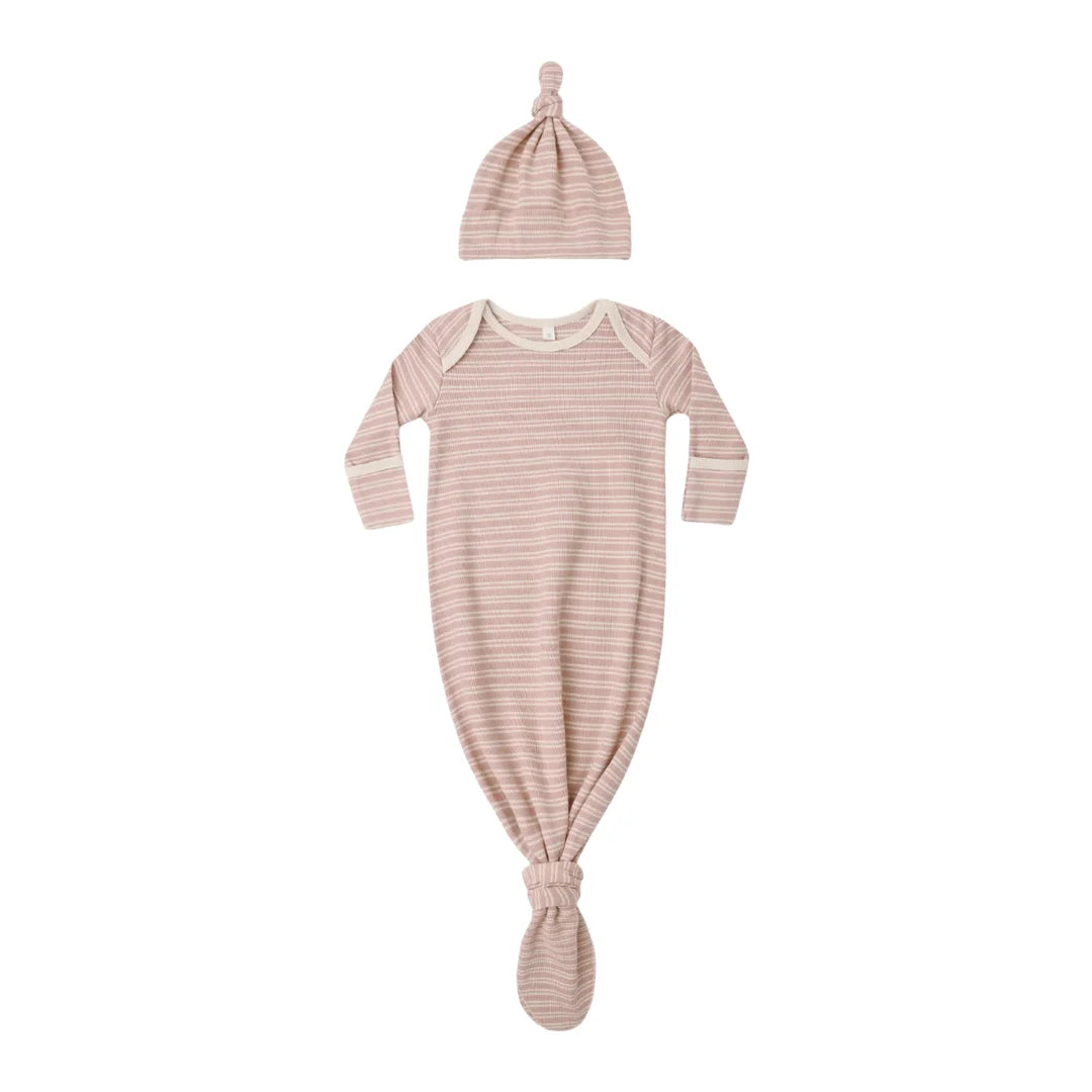 A front view of the Quincy Mae dusty rose microstripe organic cotton baby knotted gown and hat.