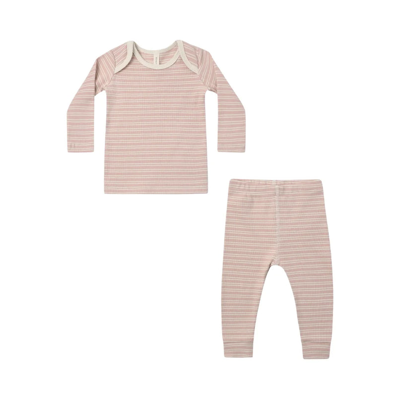 A front view of the Quincy Mae dusty rose microstripe ribbed organic cotton tee and legging set.