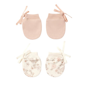 A front view of the Quincy Mae floral vine dusty rose organic cotton no-scratch mittens set of 2.