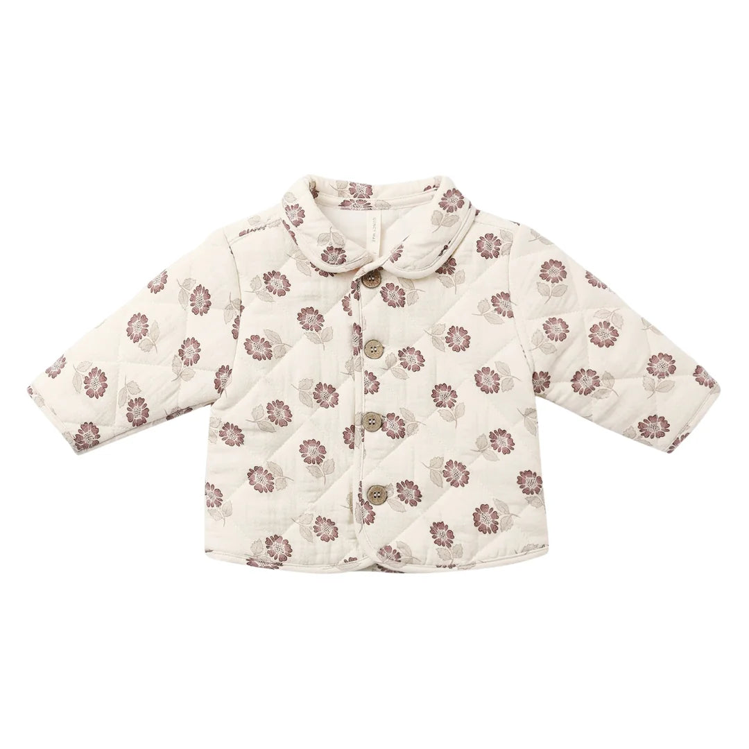 A front view of the Quincy Mae fall floral quilted organic cotton jacket with snap closures.