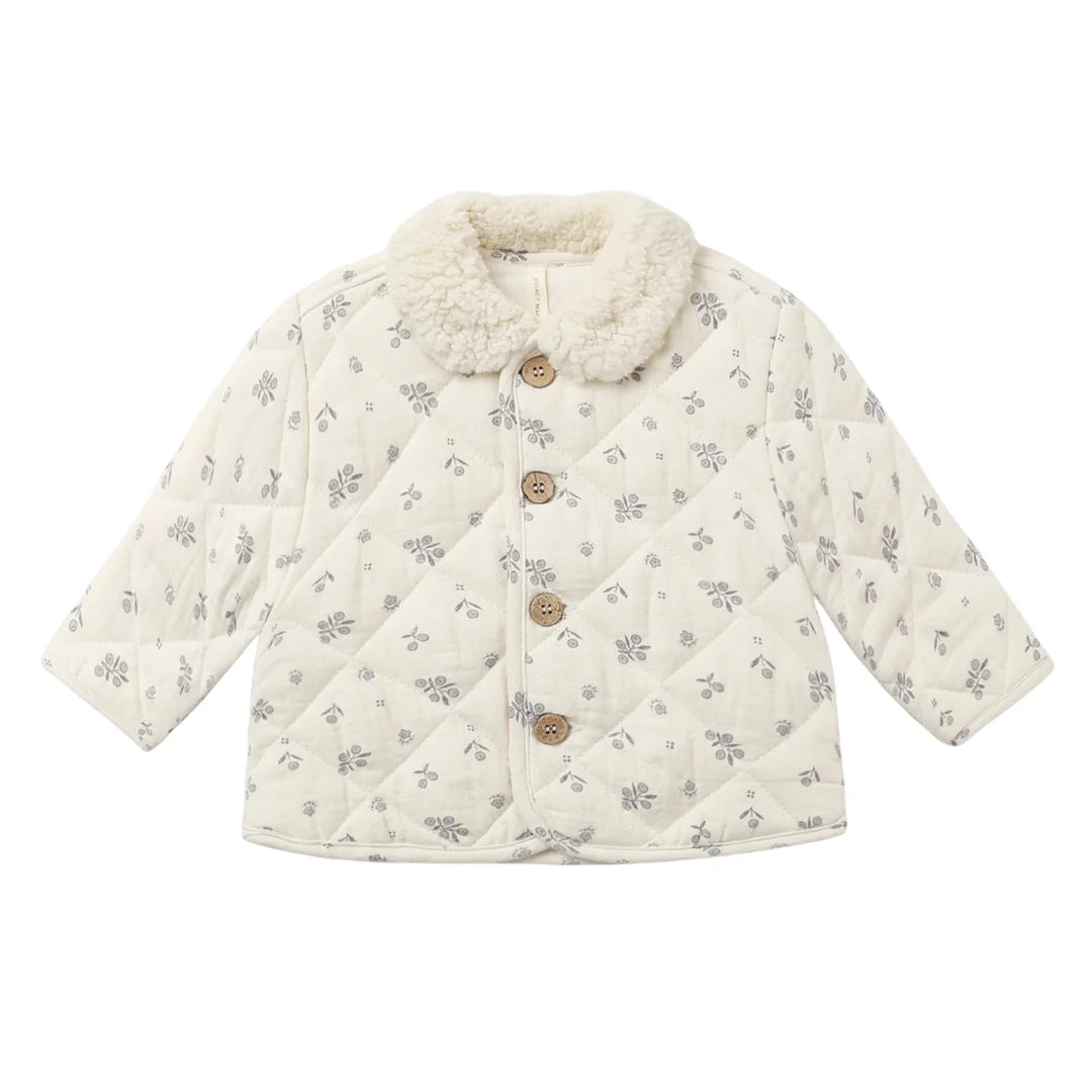 A front view of the Quincy Mae winter berry quilted organic cotton jacket with snap closures.