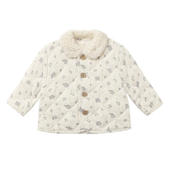 A front view of the Quincy Mae winter berry quilted organic cotton jacket with snap closures.