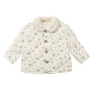 A front view of the Quincy Mae winter berry quilted organic cotton jacket with snap closures.
