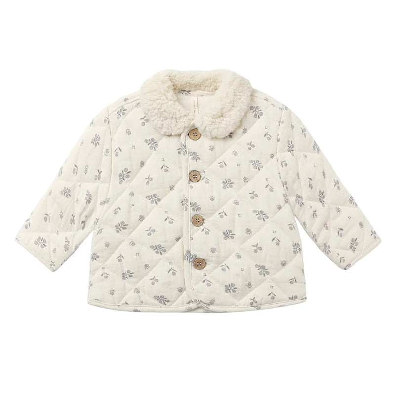A front view of the Quincy Mae winter berry quilted organic cotton jacket with snap closures.