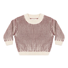 A front view of the Quincy Mae black cherry stripe organic cotton relaxed knit sweater.
