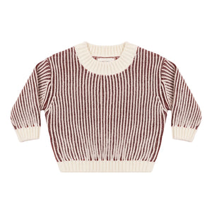 A front view of the Quincy Mae black cherry stripe organic cotton relaxed knit sweater.