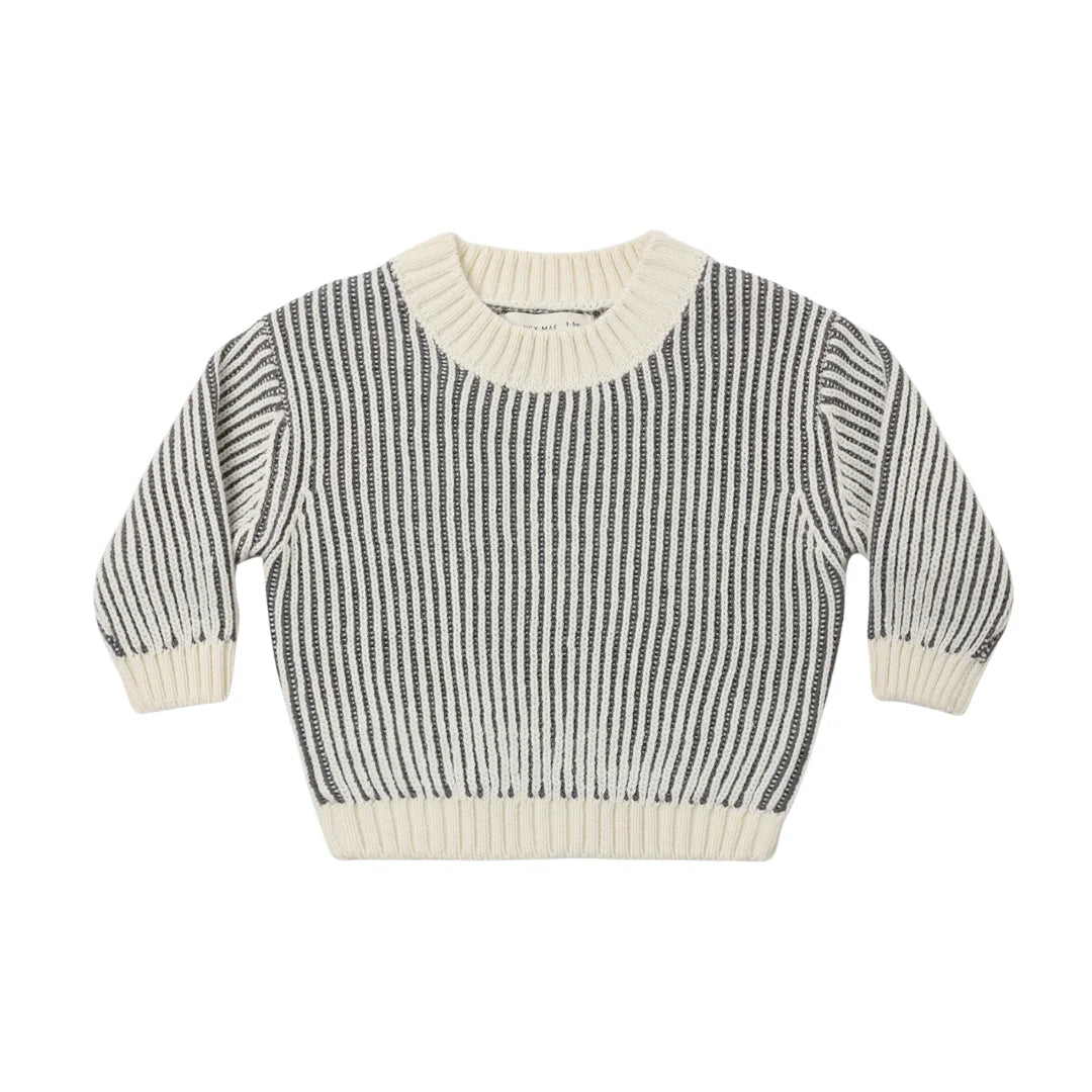 A front view of the Quincy Mae midnight stripe organic cotton relaxed knit sweater.