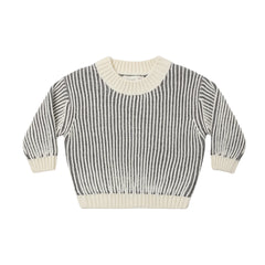 A front view of the Quincy Mae midnight stripe organic cotton relaxed knit sweater.