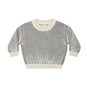 A front view of the Quincy Mae midnight stripe organic cotton relaxed knit sweater.