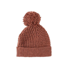 A front view of the cozy cranberry-colored Quincy Mae ribbed beanie.
