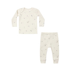 A front view of the Quincy Mae celestial print ribbed organic cotton tee and legging set.